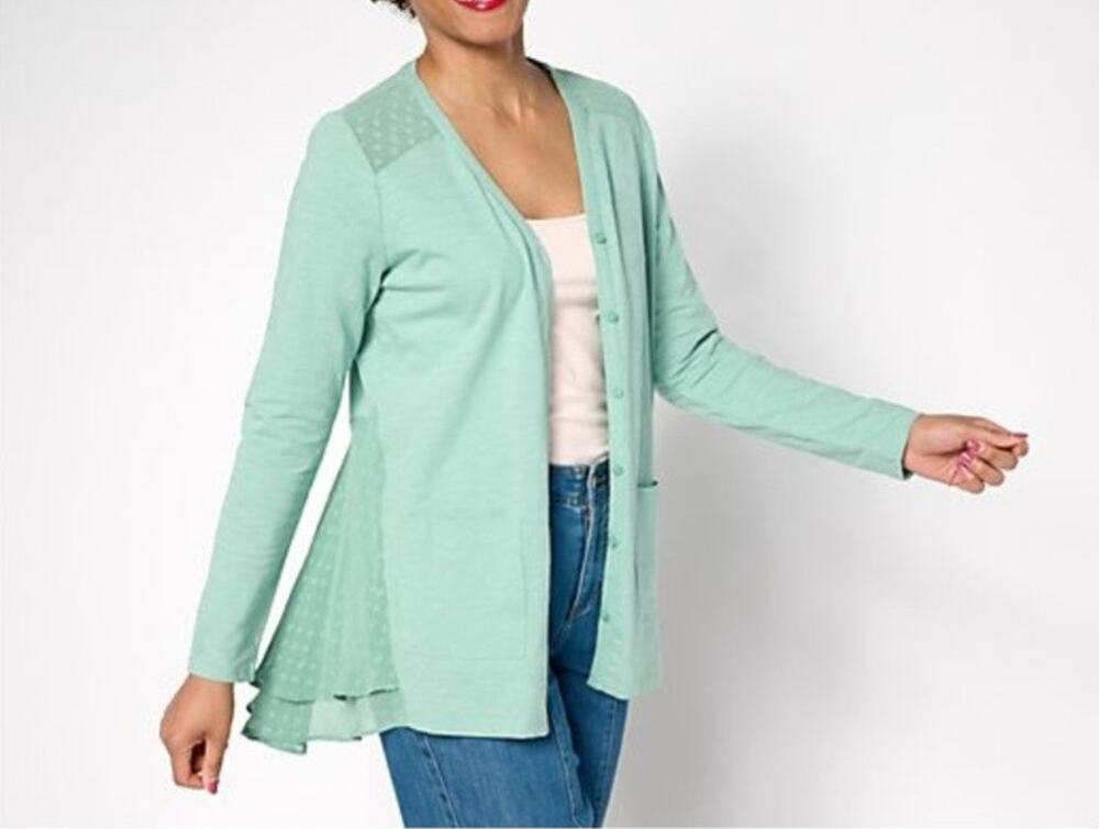 Logo Lori Goldstein PS Mint Green Knit Cardigan Clip Dot Trim A694674 NWOT - Picture 1 of 9